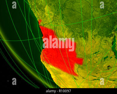 Angola auf Digital Planet Erde vom Weltraum aus mit Netzwerk. Konzept der internationalen Kommunikation, Technik und Reisen. 3D-Darstellung. Elemente der Th Stockfoto