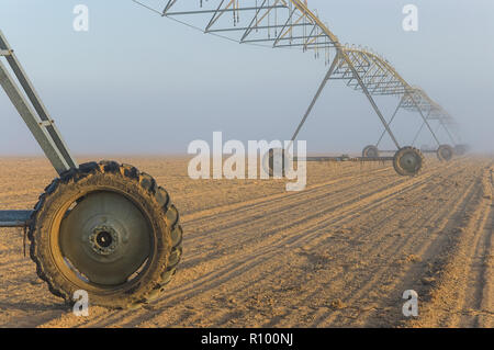 Die aufgehende Sonne langsam verbrennt der Nebel aus den Furchen des Feldes nach und nach Aufdecken des Regnerauslegers bereit die Bewässerung der Pflanzen Saatgut zu beginnen. Stockfoto