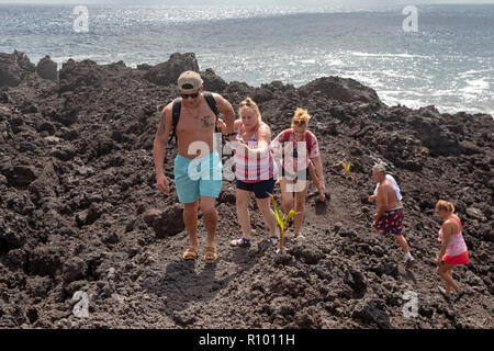 Pahoa, Hawaii - Menschen wandern über die erkaltete Lava 2018 vom Ausbruch des Kilauea Vulkans. Keimen Kokosnüsse sind Platziert eine pathwa zu markieren Stockfoto