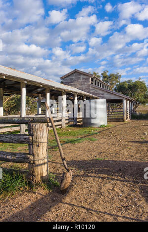 Sonnenaufgang auf einem ikonischen Schafe in der historischen Stadt Bingarra im Neu-england Tablelands von New South Wales in Australien Schuppen scheren. Stockfoto