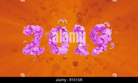 Frohes Neues Jahr Banner mit 2019 trendy pink Farbe Zahlen durch zerbrochene Risse im Stein auf dem orangen Hintergrund mit fliegenden Glaskugeln isoliert. abstrakten 3D-Darstellung Stockfoto