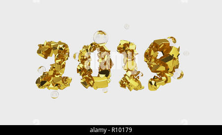 Frohes Neues Jahr Banner mit 2019 trendy pink Farbe Zahlen durch zerbrochene geknackt Gold mit fliegenden Kugeln aus Glas oder Wasser auf weißem Hintergrund isolieren. abstrakten 3D-Darstellung Stockfoto