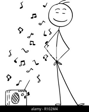 Cartoon stick Zeichnung konzeptuelle Darstellung des Menschen genießen das Hören einer Musik von kleinen Radio. Stock Vektor