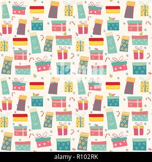 Doodle bunte Geschenkboxen Muster nahtlose Stock Vektor