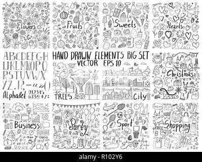 Große Sammlung von Hand gezeichneten Elemente. Doodle Blumen, Essen, Urlaub, Wirtschaft, Sport und anderen kreativen Design Elemente Stock Vektor