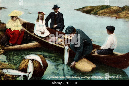 Lachs Trolling, Oak Bay BC, antike Postkarte, 1906 Stockfoto