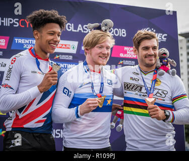 Kye Whyte, Kyle Evans, Sylvain Andre - Glasgow2018 Europameisterschaften - BMX Racing Stockfoto