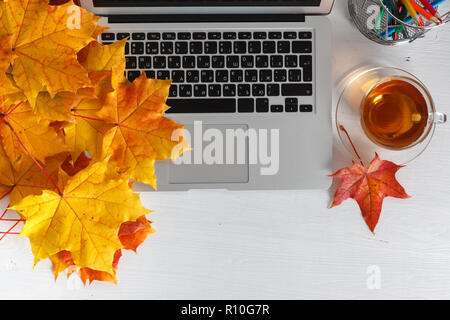 Notebook, Laptop, Blumen und Blätter im Herbst. Ansicht von oben auf weißem Hintergrund. Herbst flach. Mock up für Kunst arbeiten mit Arbeitsplatz Stockfoto