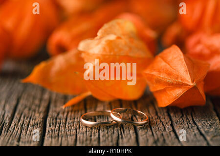 Trauringe auf Rote Blätter im Herbst Stockfoto