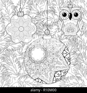 Zentangle stilisierte Weihnachtsdekorationen mit Niederlassungen Fichte. Hand gezeichnet Spitze Vector Illustration Stock Vektor