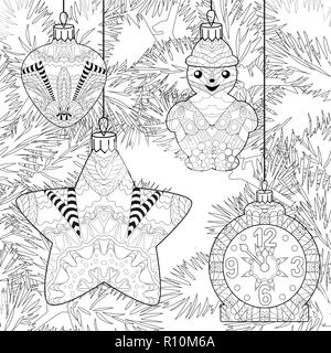 Zentangle stilisierte Weihnachtsdekorationen mit Niederlassungen Fichte. Hand gezeichnet Spitze Vector Illustration Stock Vektor