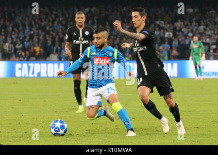 Napoli, Kampanien, Italien, 2018-11-06, UEFA Champions League SSC Neapel - Paris Saint Germain in Bildern Lorenzo Insigne und Angel Di Maria in Aktion Stockfoto