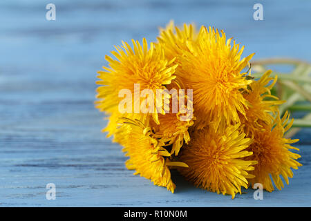 Blumenstrauß aus Löwenzahn auf hölzernen Tisch Stockfoto