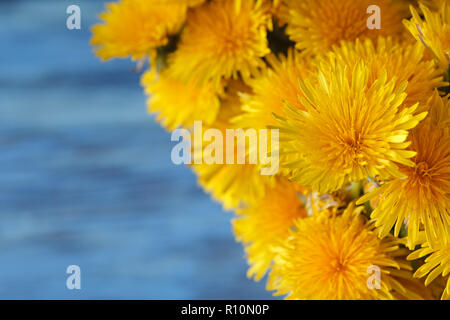 Blumenstrauß aus Löwenzahn auf hölzernen Tisch Stockfoto