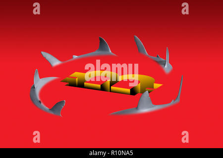 Bild der Haie Kreisen eine symbolische Währung unterzeichnen, roter Hintergrund Stockfoto