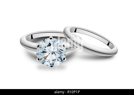 Silberne Hochzeit und Verlobungsringe mit Solitaire Diamant, Studio shot Stockfoto