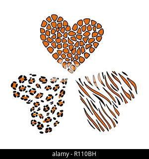 Giraffen, Geparden und Tiger drucken Haut in Form eines Herzens. Vector Illustration. Valentines Tag. Grußkarte. Stock Vektor