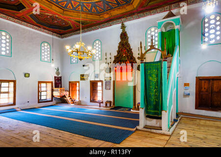 King's Moschee, Gebet Hall, aus Holz geschnitzte Decke, Berat, Albanien Stockfoto