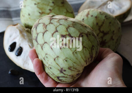 Cherimoya in der Hand auf einen schwarzen Stein cherimoyas Schreibtisch mit einem anderen Hintergrund. Close Up. Stockfoto