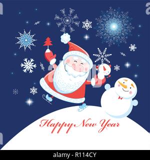 Hellen festlichen frohe Weihnachten Grußkarten mit Santa Claus auf einem blauen Hintergrund mit Schneeflocken Stock Vektor