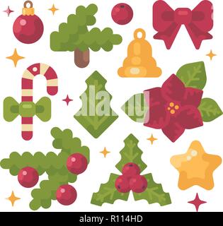 Satz von Weihnachtsartikel flachbild Abbildung. Urlaub Dekoration Symbole. Weihnachtsstern, Bell, Stern, Tanne, Süßigkeiten und Holly Stockfoto