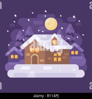 Snowy purple Winter Dorf Landschaft mit einem Haus. Weihnachten Nacht flach Abbildung Stockfoto
