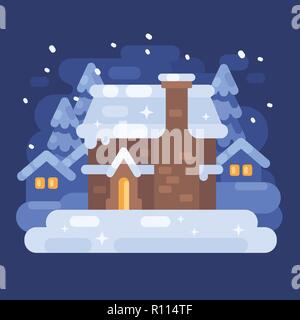 Snowy blue Winter Dorf Landschaft mit einem Haus. Weihnachten flach Abbildung Stockfoto