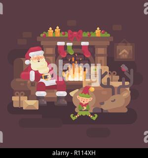 Müde Santa Claus mit seinem Rentier und elf schlafen von der Kamin nach einem harten Weihnachten Stock Vektor