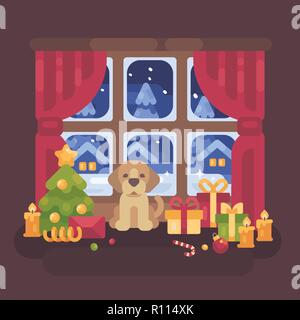 Cute Puppy am Fenster sitzen und eine verschneite Winterlandschaft. Weihnachten flach Abbildung Stockfoto