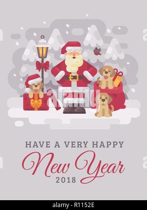 Fröhlichen Santa Claus mit niedlichen Welpen Weihnachten Grußkarte flachbild Abbildung. Haben ein sehr gutes Neues Jahr 2018 Stock Vektor