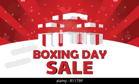 Boxing Day Verkauf Design mit Geschenkbox, Schneefall, und Bokeh Wirkung. Stock Vektor