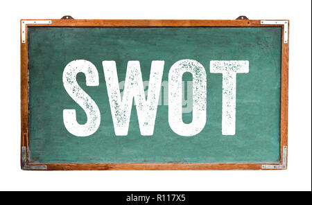 SWOT-Analyse (Stärken, Schwächen, Chancen, Gefahren) in business Wettbewerb Projekt Planung Text auf grüne Alte grungy vintage Holz- chalkboa Stockfoto