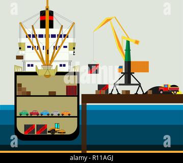 Cargo Logistik Lkw und Transport Containerschiff mit Kran import export Transport Industrie. illustration Vektor Stock Vektor