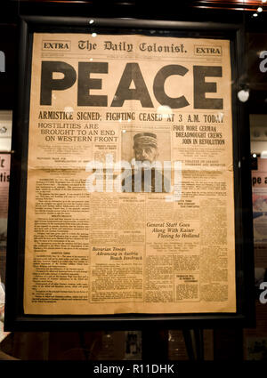 Startseite Nachrichten, das den Frieden verkündet, ein Ende des Ersten Weltkriegs, in Victoria, BC, Kanada Zeitung, 11. November 1918. Stockfoto