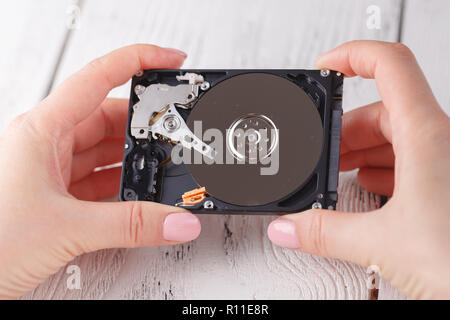 Frauen mit einer Festplatte HDD in den Händen Stockfoto
