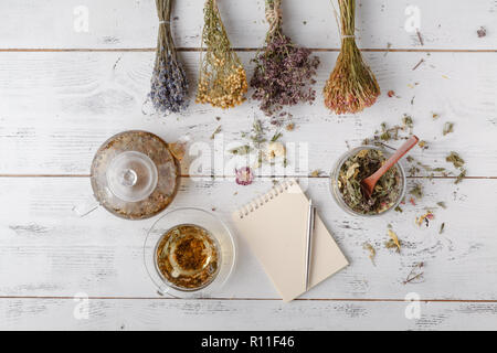 Das Trocknen von Heilpflanzen: Echinacea, Melisse, Kamille, Dill Stockfoto