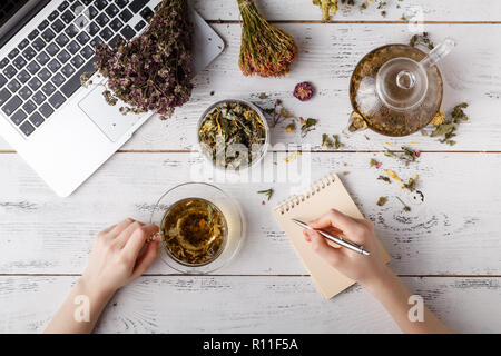 Ansicht verschiedener Arten von Tee. Mit verschiedenen Kräutern, eine Apple aromatisiert, Rose mit der Teekanne und Wasserglas auf einem rustikalen Tisch Stockfoto