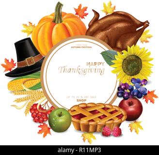 Thanksgiving set Vektor realistisch. Türkei und Herbst Ernte 3d Ausführliche Darstellung Stock Vektor