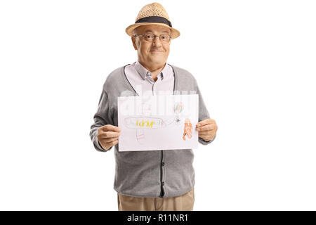 Ältere Mann hält eine Zeichnung auf weißem Hintergrund Stockfoto