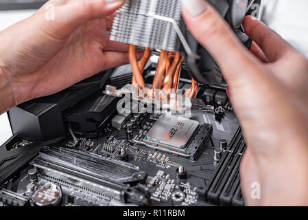 Der Spezialist installiert einen Kühler auf dem neuen Prozessor Ryzen 7 2700X vor dem Hintergrund einer computer Motherboard Asus rog Fadenkreuz vii Held. Stockfoto