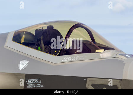 KLEINE Brogel, Belgien - Sep 8, 2018: Nahaufnahme einer Lockheed Martin F-35 Lightning II Kampfflugzeug Flugzeug auf dem Rollfeld des Kleine-Brogel Airbase. Stockfoto