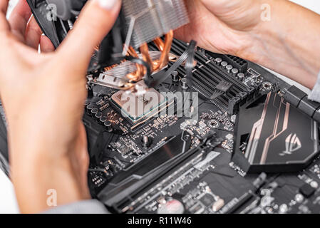 Der Spezialist installiert einen Kühler auf dem neuen Prozessor Ryzen 7 2700X vor dem Hintergrund einer computer Motherboard Asus rog Fadenkreuz vii Held. Stockfoto