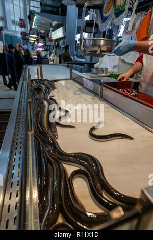 Live Aale in der Mercado Central de Valencia, Valencia Jugendstil Architektur, Valencia, Spanien, Abschaltdruck Stockfoto