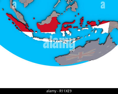 Indonesien mit eingebetteten Nationalflagge auf einfache politische 3D-Globus. 3D-Darstellung. Stockfoto