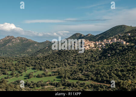 Am frühen Morgen die Sonne auf das Bergdorf Belgodere in der Balagne von Korsika mit Mittelmeer in der Ferne Stockfoto