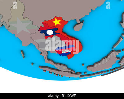 Indochina mit integrierten nationalen Flaggen auf einfache politische 3D-Globus. 3D-Darstellung. Stockfoto