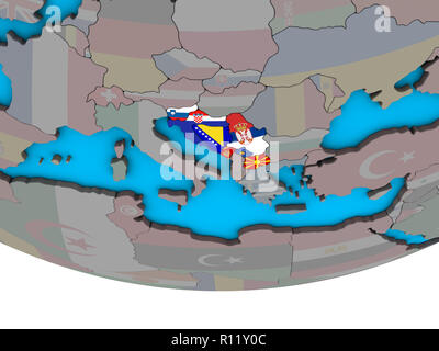 Das ehemalige Jugoslawien mit integrierten nationalen Flaggen auf einfache politische 3D-Globus. 3D-Darstellung. Stockfoto