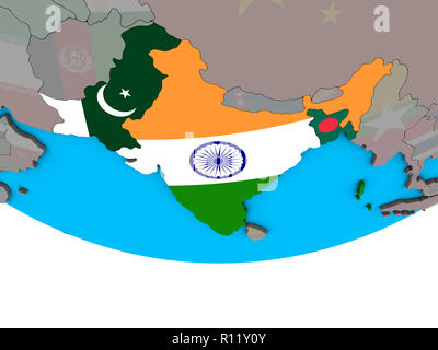 Britisch Indien mit integrierten nationalen Flaggen auf einfache politische 3D-Globus. 3D-Darstellung. Stockfoto