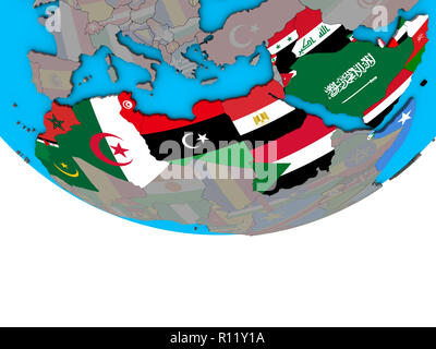 Arabische Liga mit integrierten nationalen Flaggen auf einfache politische 3D-Globus. 3D-Darstellung. Stockfoto