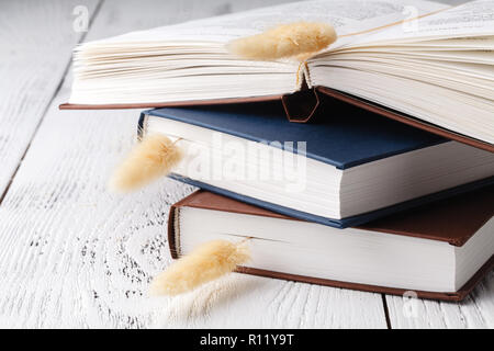 Es ist gute Erinnerungen, ein Bouquet von trockenen Lavendel und Gras und Bücher Stockfoto